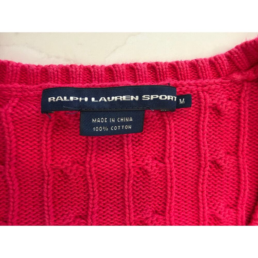 Ralph Lauren Polo Sport Women's Sz M Cable Knit Cotton Pink Sweater Green Pony - Picture 2 of 6